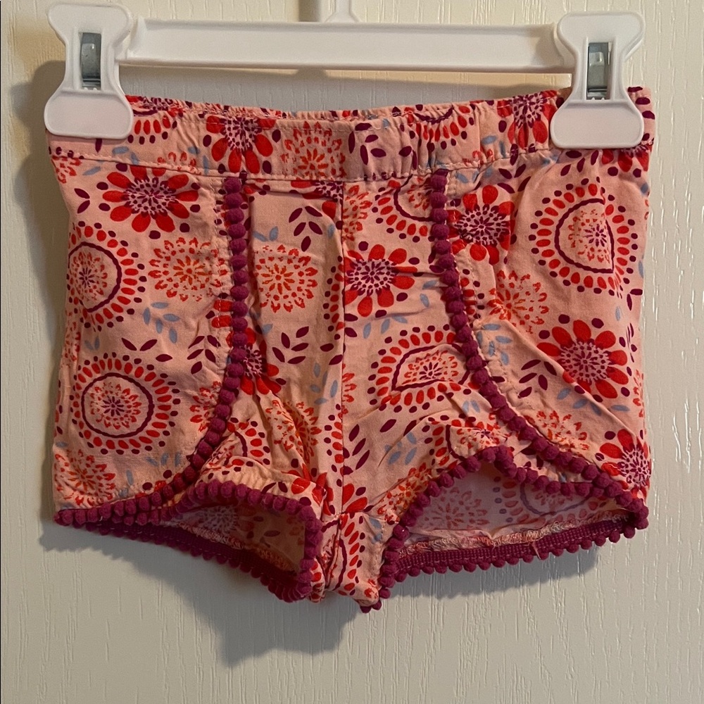 Toughskins Girls Floral Pink Pom-Trim Shorts Size Small (4)